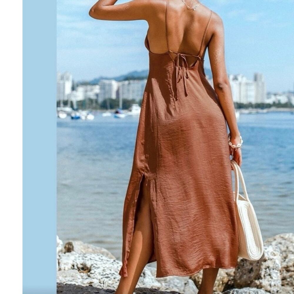 NWT Cupshe Caramel Brown Halter Dress Size M Summer Beach Vacation - Picture 3 of 9